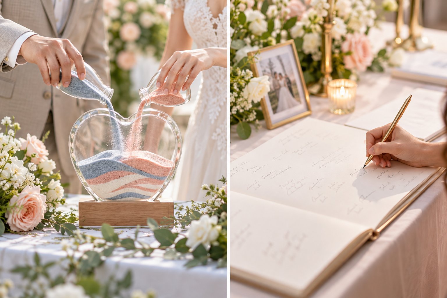 Ảnh minh hoạ: So sánh tranh rót cát và sổ ký tên cho đám cưới